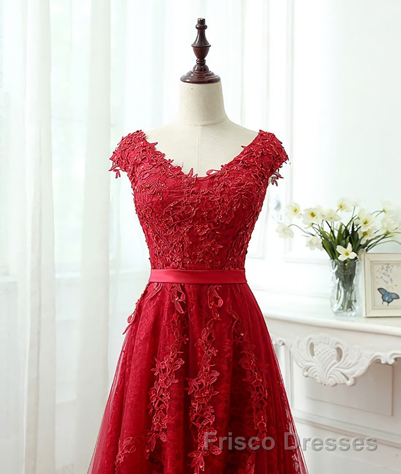 Burgundy tulle lace applique long Formal Prom Dresses, burgundy evening Dresses