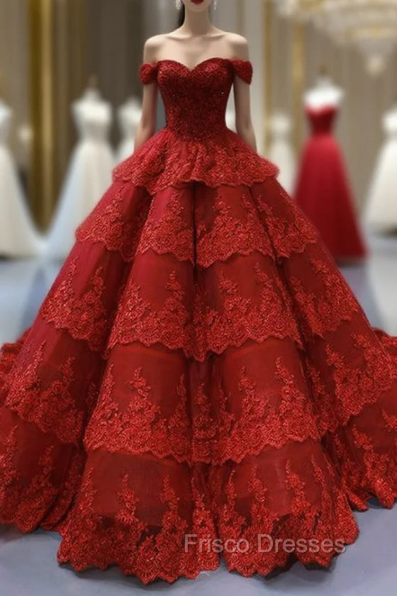 Burgundy Tulle Lace Appliques Off the Shoulder Formal Prom Dress With Beading