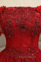 Burgundy Tulle Lace Long Formal Prom Dress, Burgundy A-Line Evening Gown