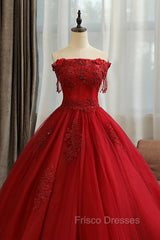 Burgundy Tulle Lace Long Formal Prom Dress, Burgundy A-Line Evening Gown