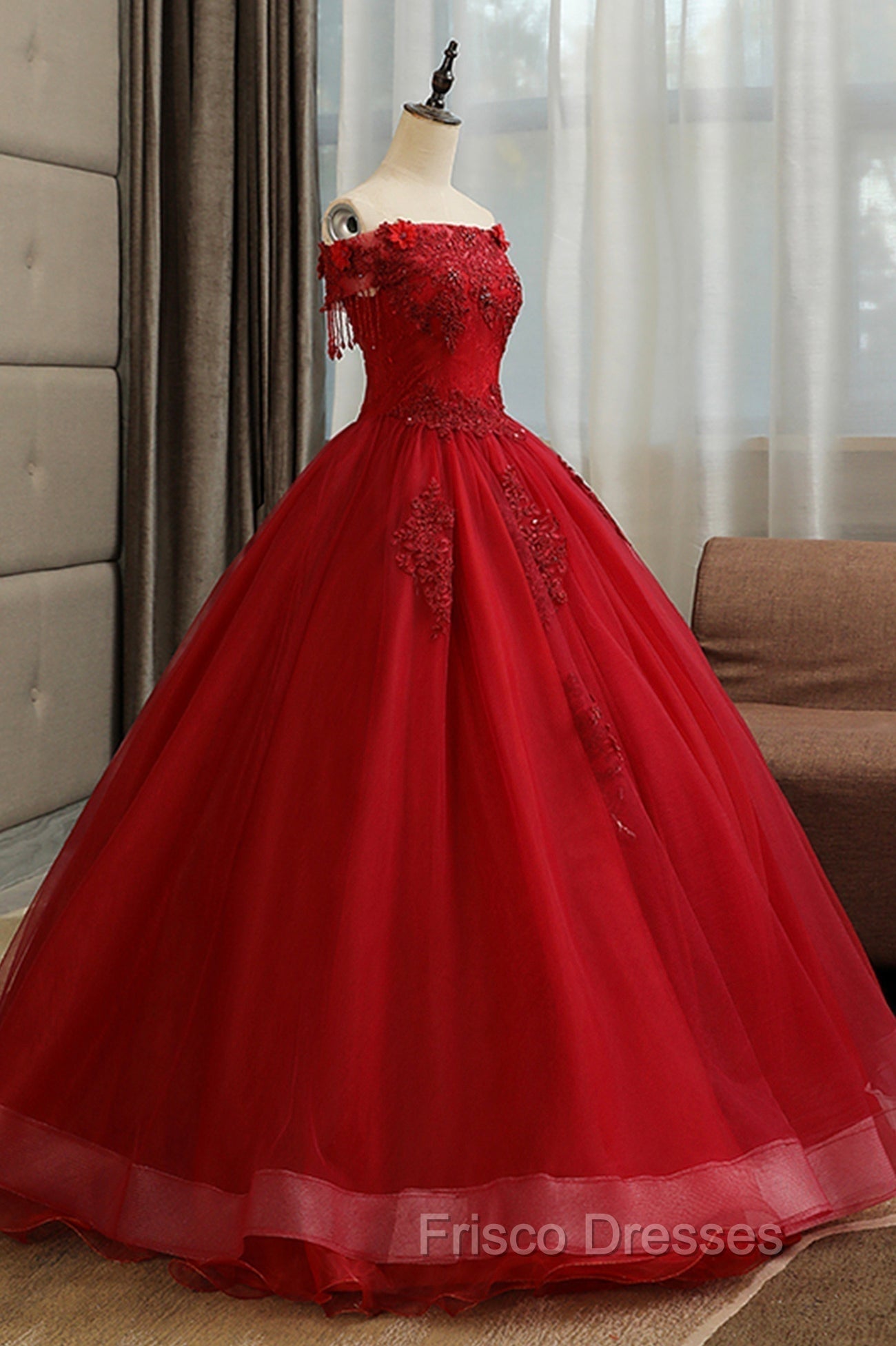 Burgundy Tulle Lace Long Formal Prom Dress, Burgundy A-Line Evening Gown Secondary image