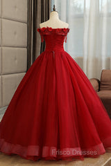 Burgundy Tulle Lace Long Formal Prom Dress, Burgundy A-Line Evening Gown