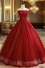 Burgundy Tulle Lace Long Formal Prom Dress, Burgundy A-Line Evening Gown