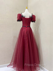 Burgundy Tulle Lace Long Formal Prom Dress, Burgundy Evening Dress