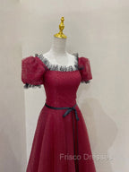 Burgundy Tulle Lace Long Formal Prom Dress, Burgundy Evening Dress