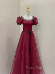 Burgundy Tulle Lace Long Formal Prom Dress, Burgundy Evening Dress