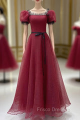 Burgundy Tulle Lace Long Formal Prom Dress, Burgundy Evening Dress