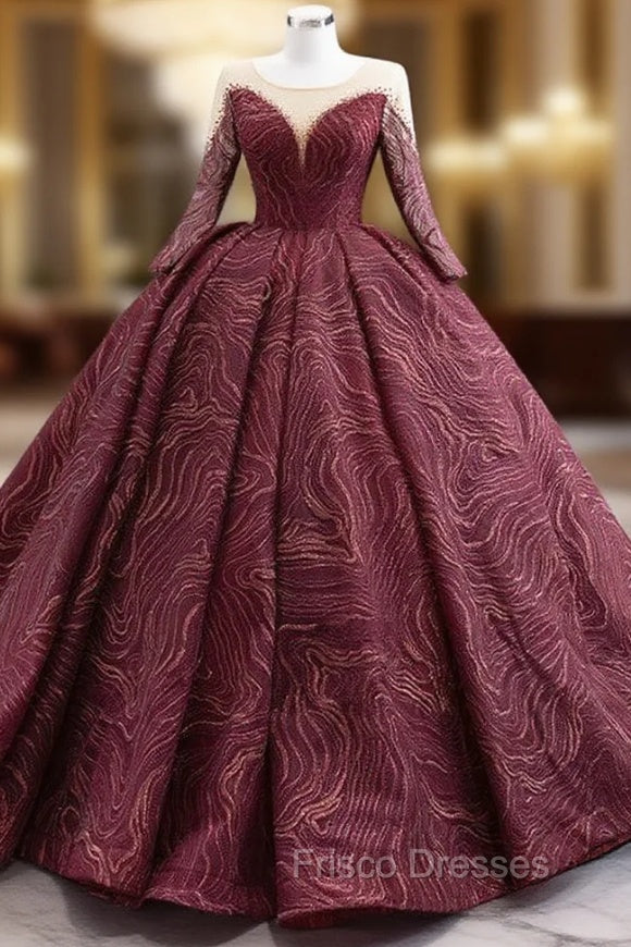 Burgundy Tulle Lace Long Sleeve Formal Prom Dress Main image