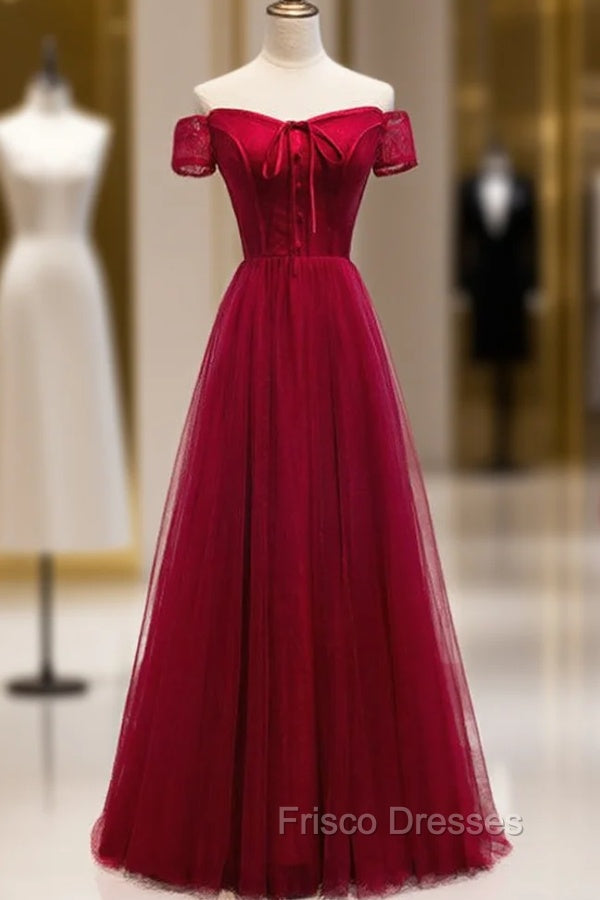 Burgundy Tulle Lace Off the Shoulder Formal Prom Dress With Button