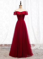 Burgundy Tulle Lace Off the Shoulder Prom Dress With Button