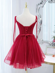 Burgundy Tulle Lace Short Formal Prom Dress, Burgundy Homecoming Dress