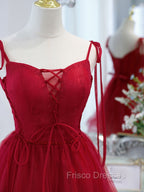 Burgundy Tulle Lace Short Formal Prom Dress, Burgundy Homecoming Dress