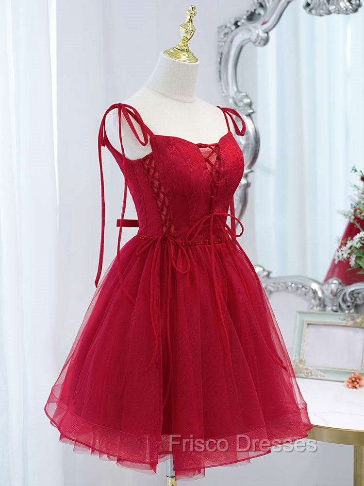 Burgundy Tulle Lace Short Formal Prom Dress, Burgundy Homecoming Dress