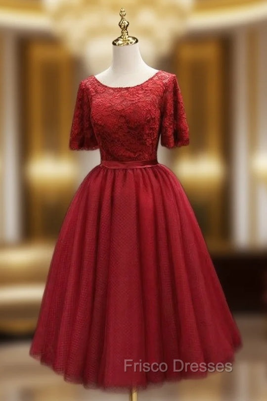 Burgundy Tulle Lace Short Sleeve Homecoming Dress Main image