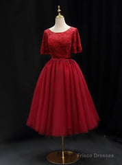 Burgundy Tulle Lace Short Sleeve Homecoming Dress