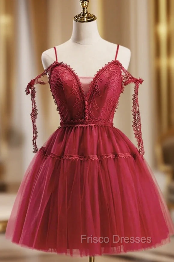 Burgundy Tulle Lace Spaghetti Straps Homecoming Dress Main image
