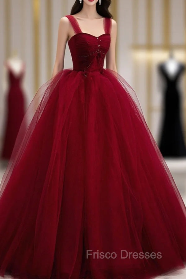 Burgundy Tulle Long A-Line Evening Dress, Off the Shoulder Formal Party Dress Secondary image