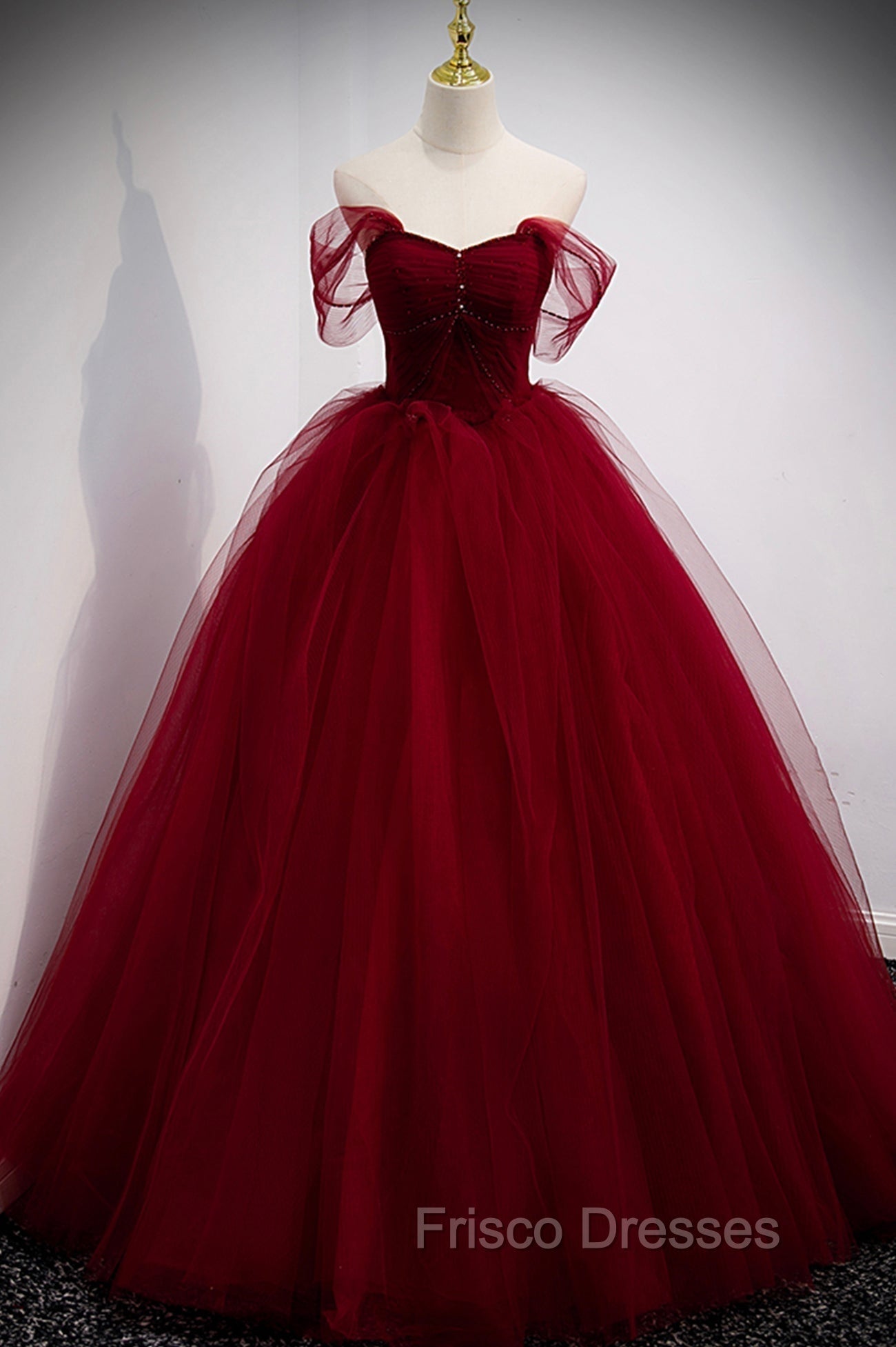 Burgundy Tulle Long A-Line Evening Dress, Off the Shoulder Formal Party Dress Main image