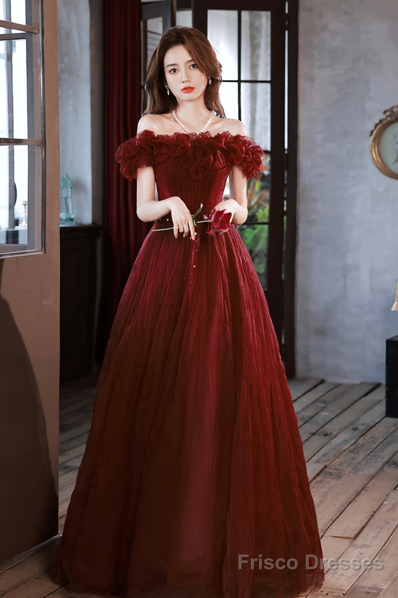 Burgundy Tulle Long A-Line Prom Dress, Cute Off The Shoulder Evening Dress Secondary image