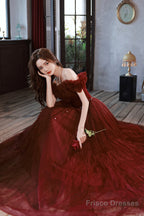 Burgundy Tulle Long A-Line Prom Dress, Cute Off The Shoulder Evening Dress
