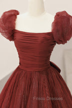 Burgundy Tulle Long A-Line Formal Prom Dress, Cute Short Sleeve Evening Dress