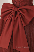 Burgundy Tulle Long A-Line Formal Prom Dress, Cute Short Sleeve Evening Dress