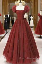 Burgundy Tulle Long A-Line Formal Prom Dress, Cute Short Sleeve Evening Dress