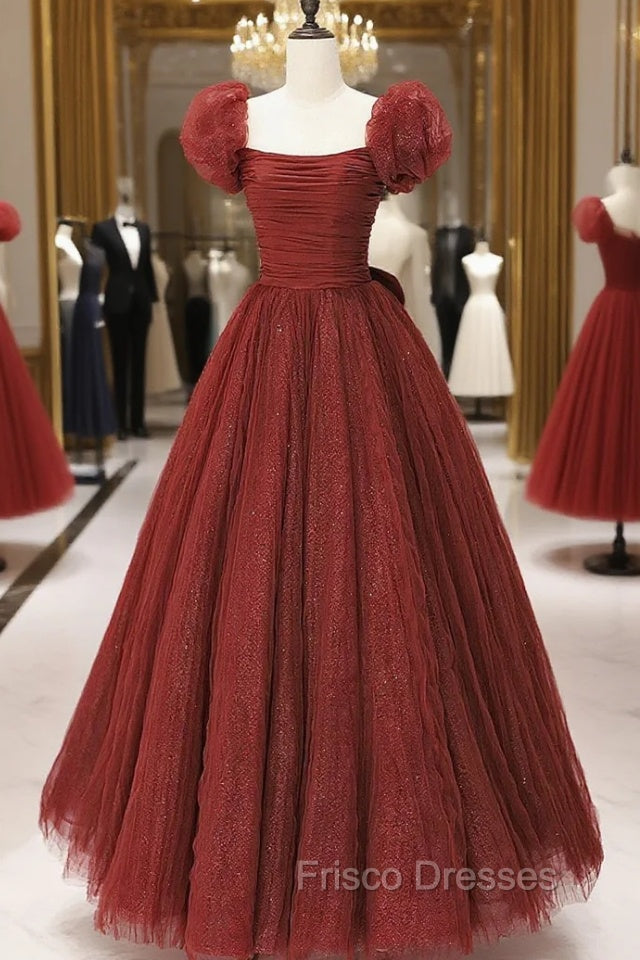 Burgundy Tulle Long A-Line Formal Prom Dress, Cute Short Sleeve Evening Dress