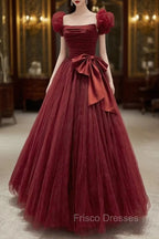 Burgundy Tulle Long A-Line Formal Prom Dress, Lovely Evening Graduation Dress