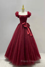 Burgundy Tulle Long A-Line Formal Prom Dress, Lovely Evening Graduation Dress