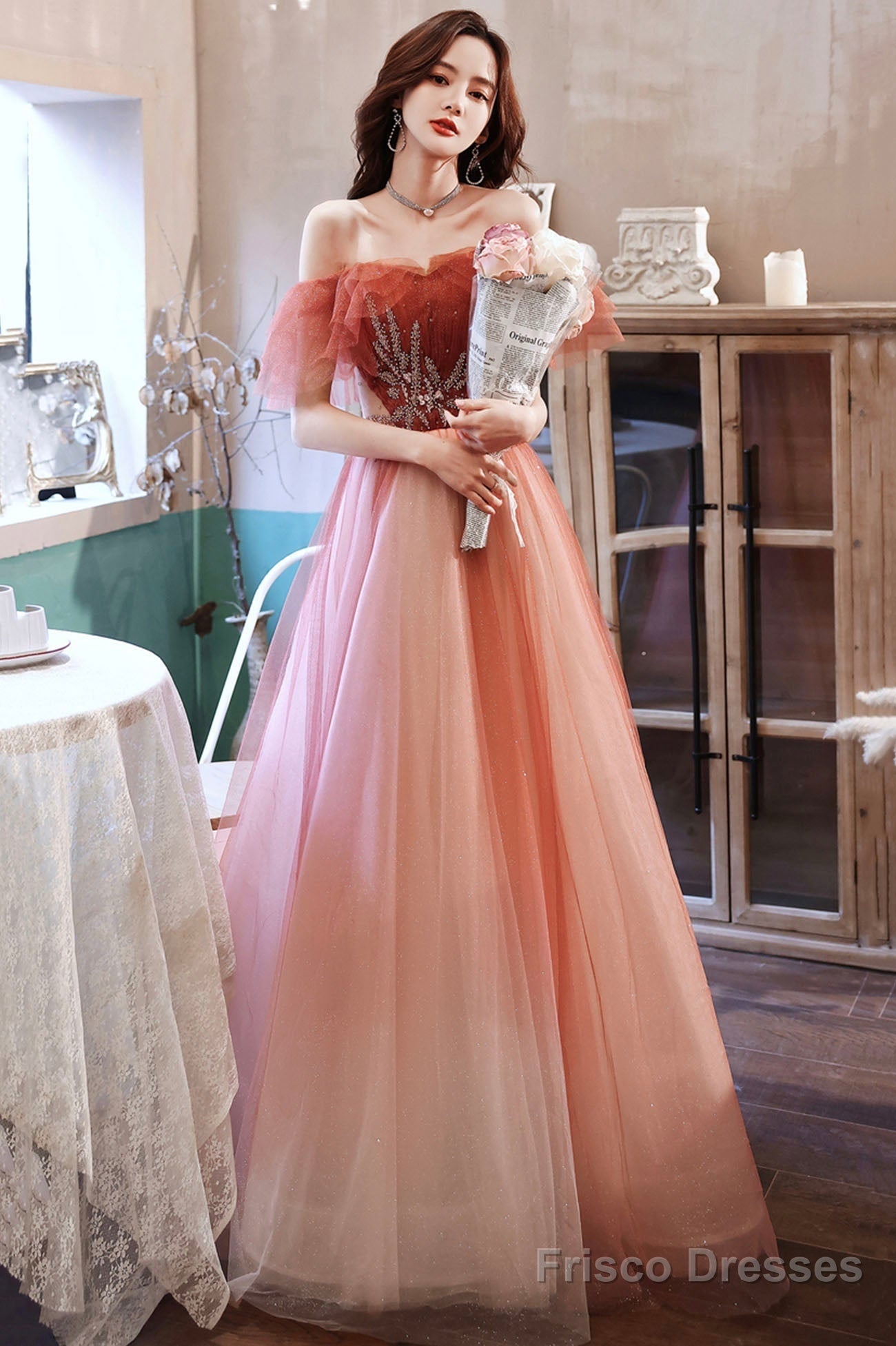 Burgundy Tulle Long A-Line Prom Dress, Off The Shoulder Graduation Dress Secondary image