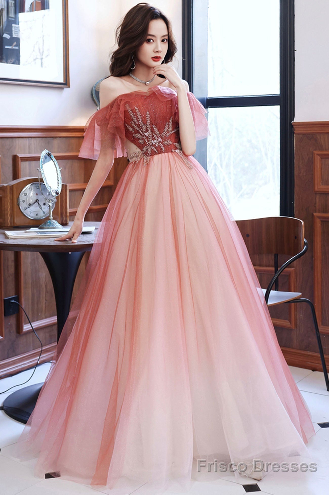 Burgundy Tulle Long A-Line Prom Dress, Off The Shoulder Graduation Dress Main image