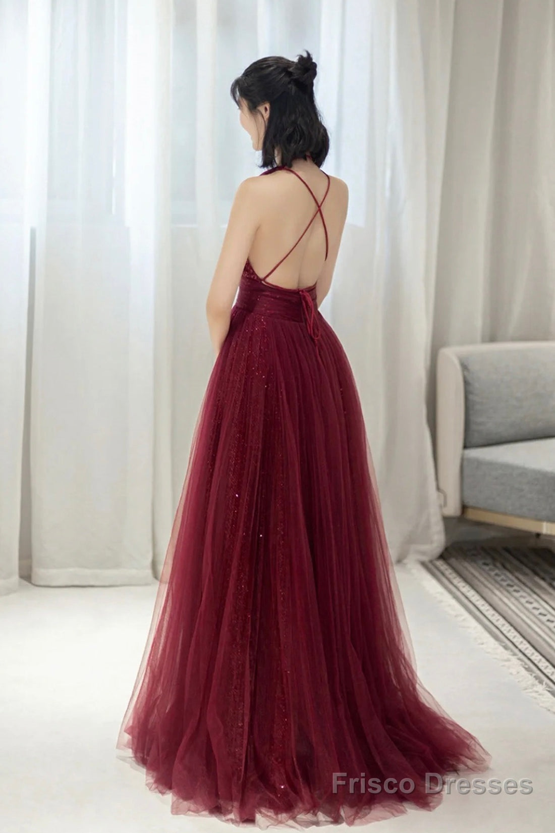 Burgundy Tulle Long A-Line Prom Dress, V-Neck Backless Evening Party Dress Secondary image