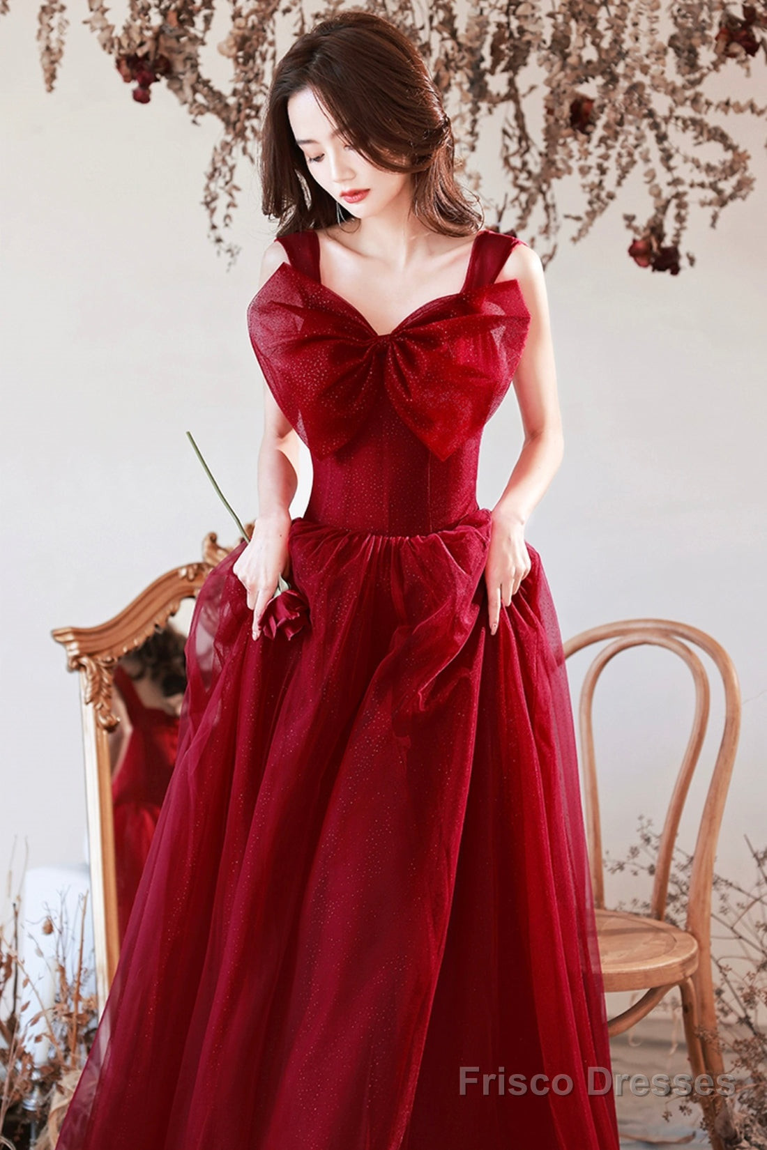 Burgundy Tulle Long A-Line Prom Dress With Bow, Burgundy Evening Graduation Dress