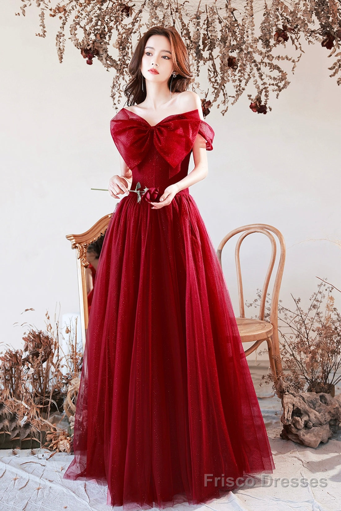 Burgundy Tulle Long A-Line Prom Dress With Bow, Burgundy Evening Graduation Dress