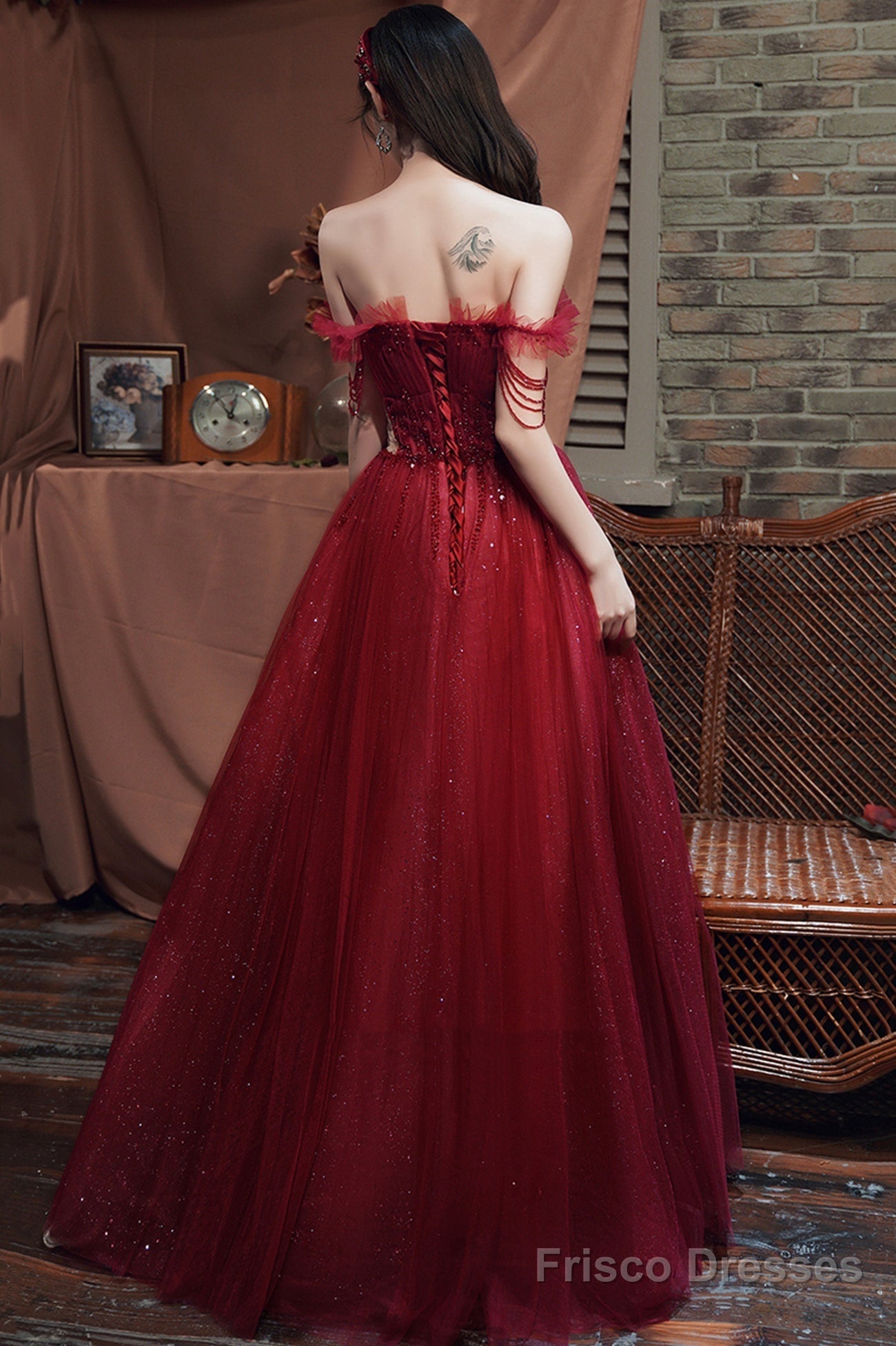 Burgundy Tulle Long A-Line Prom With Beaded, Off The Shoulder Evening Party Dress