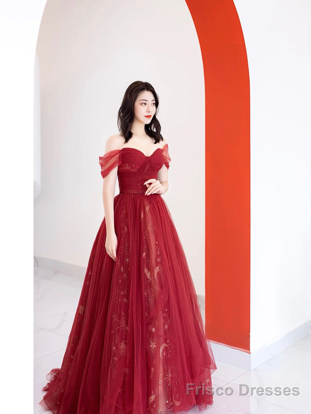Burgundy Tulle Long Prom Dress, Beautiful A-Line Off The Shoulder Evening Party Dress Secondary image
