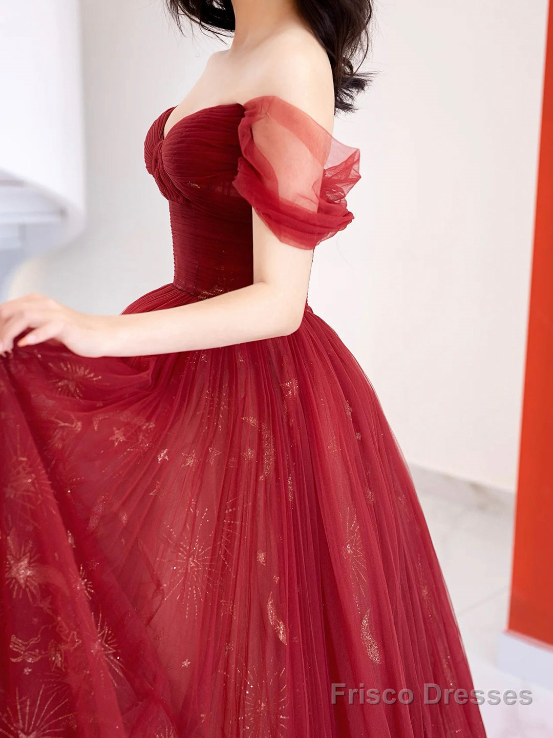 Burgundy Tulle Long Prom Dress, Beautiful A-Line Off The Shoulder Evening Party Dress