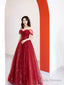 Burgundy Tulle Long Prom Dress, Beautiful A-Line Off The Shoulder Evening Party Dress