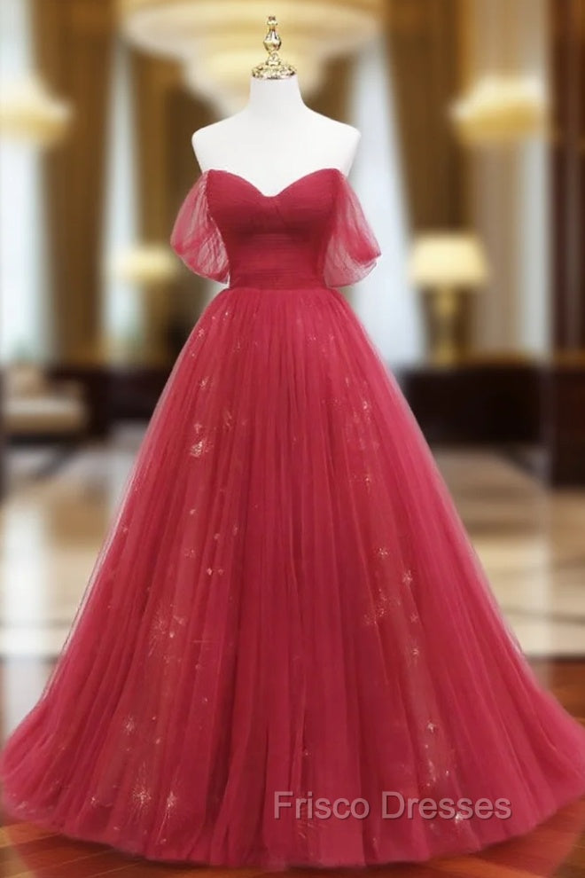 Burgundy Tulle Long Formal Prom Dress, Burgundy Evening Dress