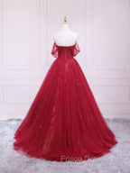 Burgundy Tulle Long Formal Prom Dress, Burgundy Evening Dress