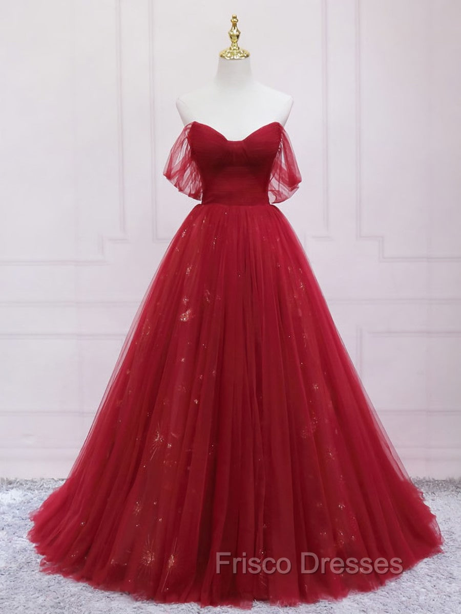 Burgundy Tulle Long Formal Prom Dress, Burgundy Evening Dress