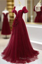 Burgundy Tulle Long Formal Prom Dress, Burgundy Tulle Evening Dress