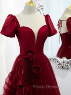 Burgundy Tulle Long Formal Prom Dress, Burgundy Tulle Evening Dress