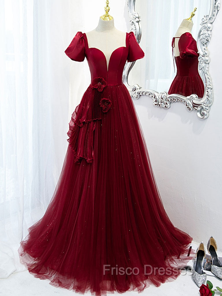 Burgundy Tulle Long Formal Prom Dress, Burgundy Tulle Evening Dress