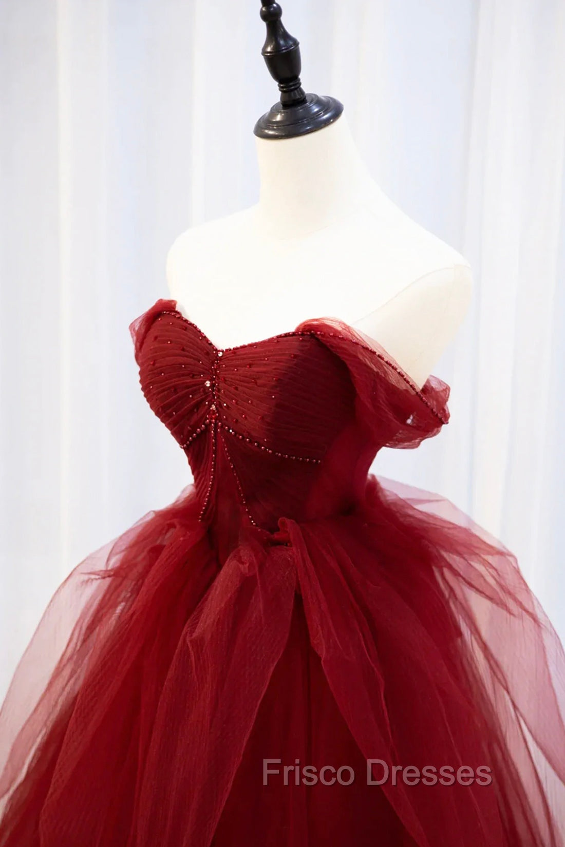 Burgundy Tulle Long Formal Prom Dress with Beaded, Burgundy Off Shoulder Evening Dress Secondary image