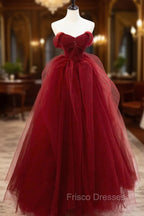 Burgundy Tulle Long Formal Prom Dress with Beaded, Burgundy Off Shoulder Evening Dress