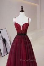 Burgundy Tulle Long Formal Prom Dress with Beaded, Spaghetti Straps Evening Dress