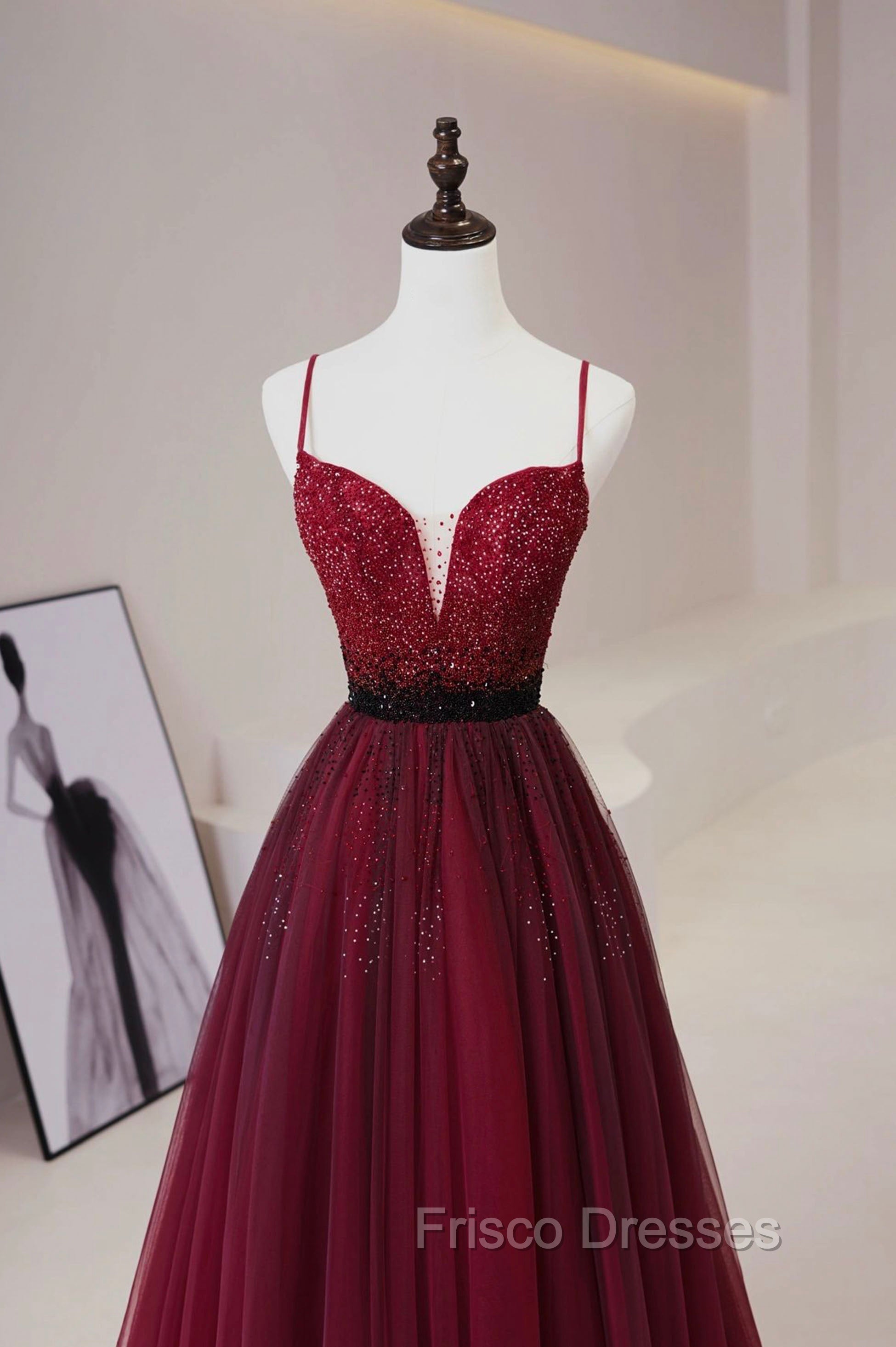 Burgundy Tulle Long Formal Prom Dress with Beaded, Spaghetti Straps Evening Dress