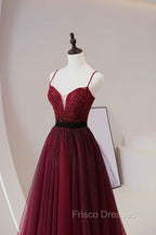 Burgundy Tulle Long Formal Prom Dress with Beaded, Spaghetti Straps Evening Dress